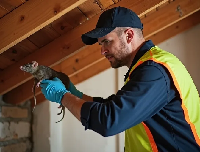 Technician inspecting a roof cavity for a dead rat in Carnegie